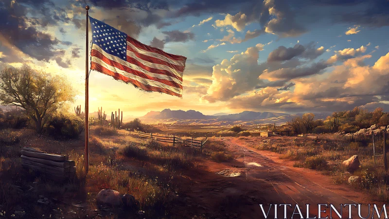 American flag dominates sunlit desert landscape under dynamic clouds