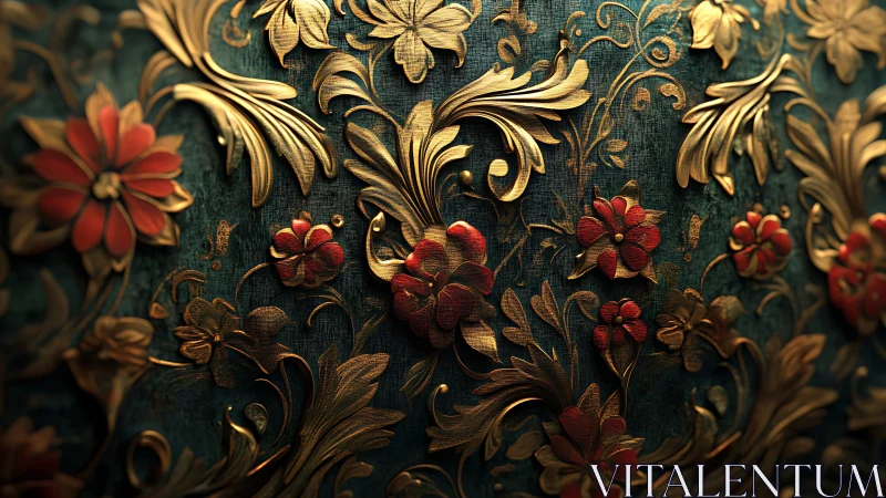 Ornate gilded floral bas relief with teal patina backdrop.