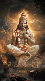 Serene Hindu deity in radiant golden meditative scene.