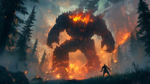 Colossal flaming golem confronts lone warrior in burning forest