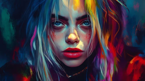 Digital portrait of young woman with multicolored hair.