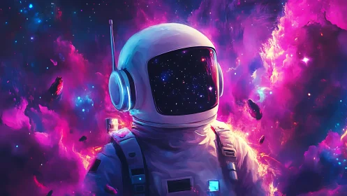 Nebula-splashed astronaut quietly wears the whole universe