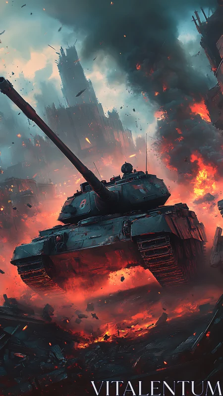 Main battle tank in burning urban battlefield environment.
