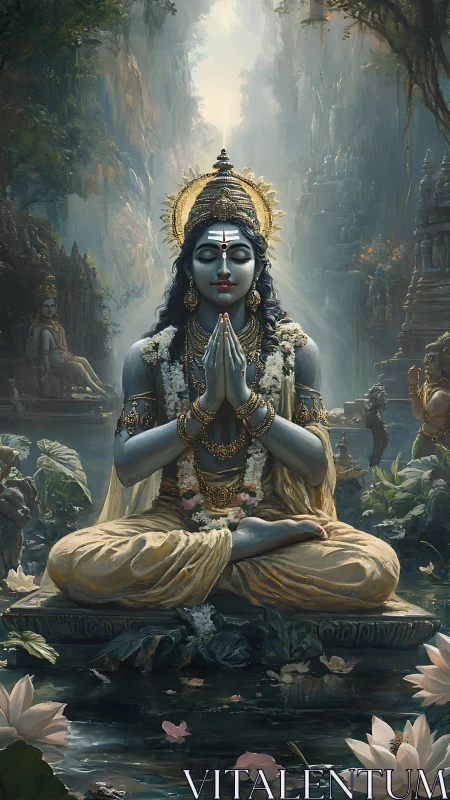 Meditating blue deity seated in lotus pose amid dense temple gorge