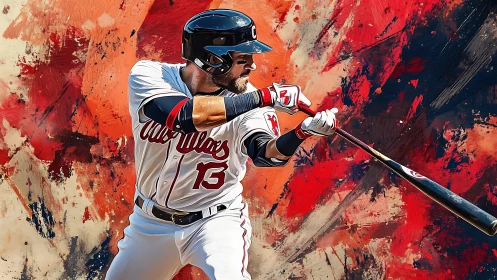 Baseball hitter in full swing against bold painted backdrop.