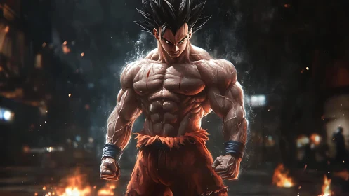 Battle-scarred warrior ignites in molten urban twilight power.