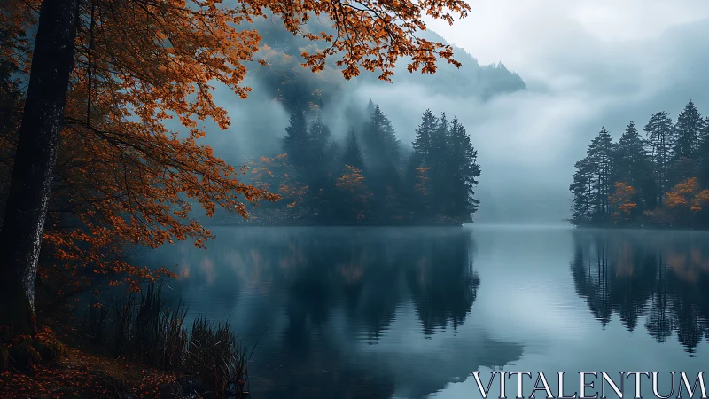 Fog-covered forest lake with autumn foliage reflections.