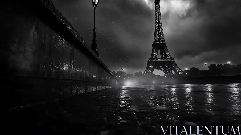 Low-angle rainy-night study of Eiffel Tower with reflective pavement