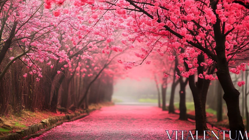 Cherry blossom avenue under soft morning fog perspective.