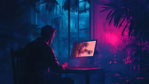 Solitary worker studies glowing monitor in neon jungle room