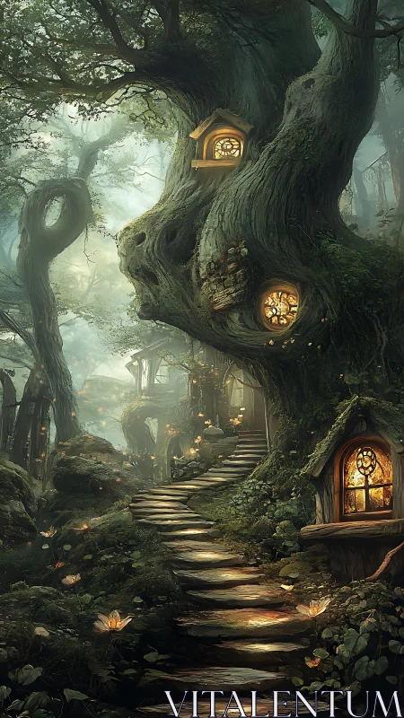 Tree trunk houses line a glowing stone path in dense forest