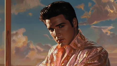 Male portrait in reflective shirt against sunset sky backdrop.