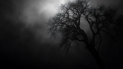 Bare tree silhouette is framed against diffuse backlight