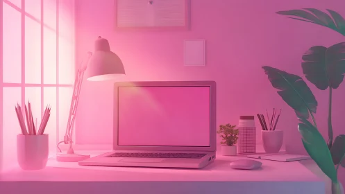 Monochrome pink workspace with laptop, desk lamp, and plants.