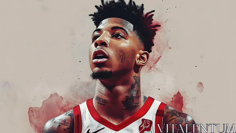 Digital portrait of tattooed basketball player in red jersey.