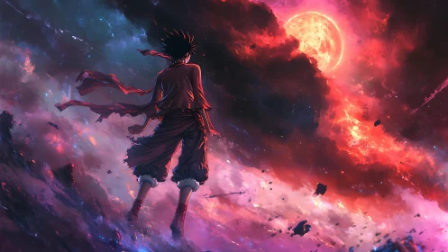 Stargazer in tattered red strides toward a burning moon