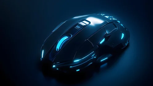 Futuristic Gaming Mouse with Blue LED Lights in Dark Setting.
