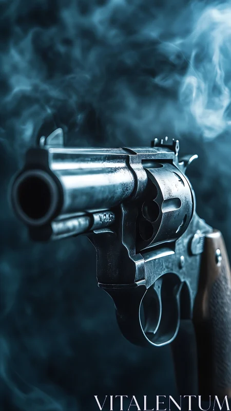Close-up revolver barrel in smoke with shallow focus.