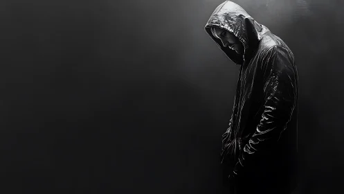 Hooded figure stands in moody shadows, evoking urban solitude