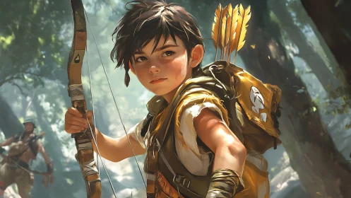 Young forest archer in warm cinematic rim lighting.