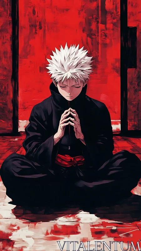 Meditative white-haired combatant in red-black anime chamber.