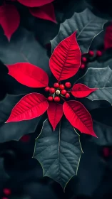 Crimson poinsettia macro study with deep teal foliage contrast.