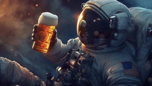 Astronaut raises illuminated beer stein in cinematic space lighting