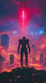 Neon dusk sentinel under a falling crimson starlight spear.