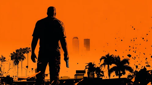 Silhouetted gunman dominates neon-orange urban skyline