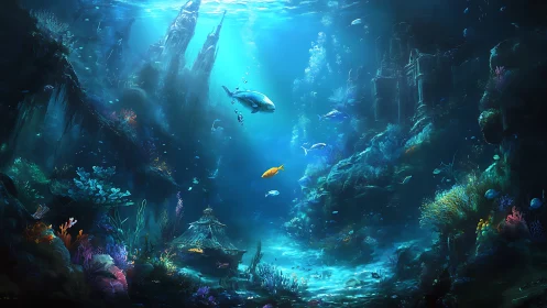 Sunken ocean city with glowing reefs and drifting fish.