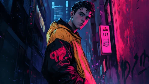 Neon-soaked loner prowls electric alleyways at midnight.