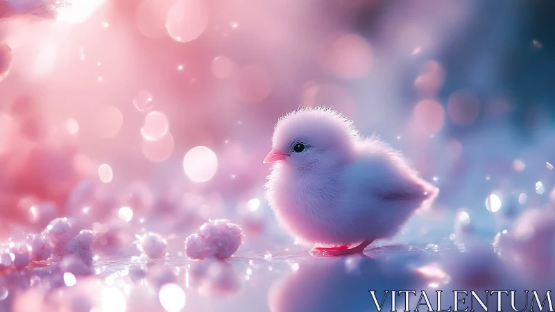 Luminous Chick Surrounded by Bokeh Particles in Dreamlike Setting