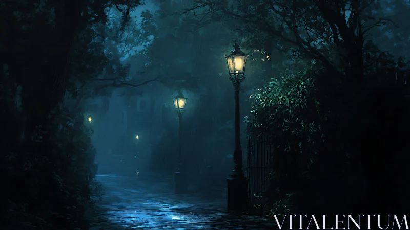 Nighttime path is illuminated by lampposts under dense foliage
