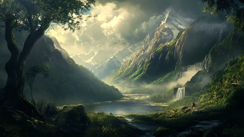 Mountain valley landscape with river, forest and waterfall.