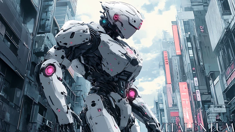 Armored bipedal combat android patrols dense neon megacity canyon
