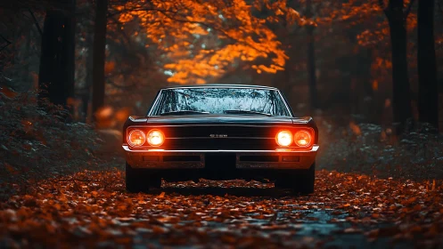 Autumn-lit muscle car prowling a leaf-drowned forest road.