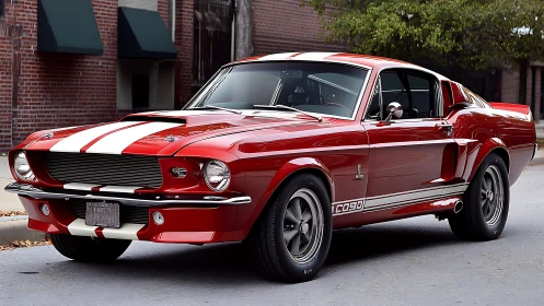 Classic red fastback muscle car with white racing stripes.