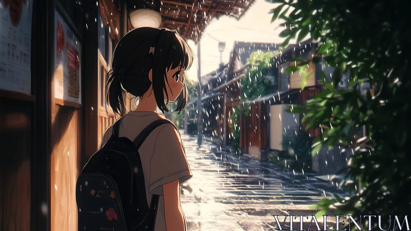Anime street vignette in rainlit traditional alleyway scene.