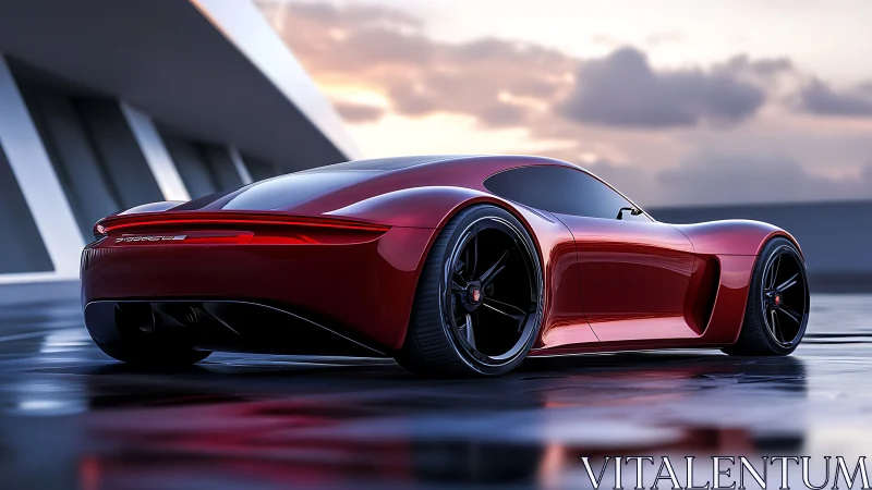 Red electric sports coupe on wet rooftop at sunset.