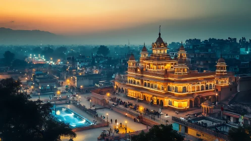Photorealistic twilight cityscape with illuminated temple complex.
