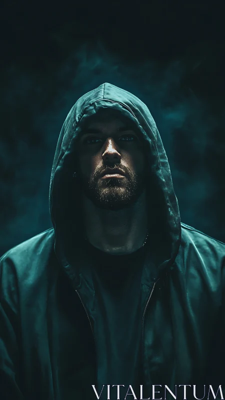 Hooded man in low key teal lighting facing forward.