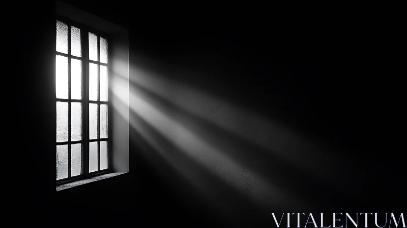 Monochrome window casting sharp light beams into darkness.