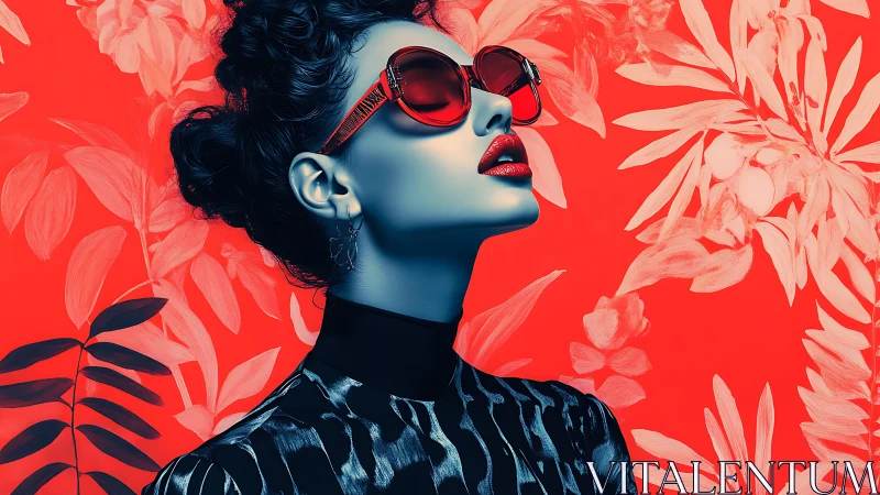 Digital fashion portrait with neon botanical backdrop tension.