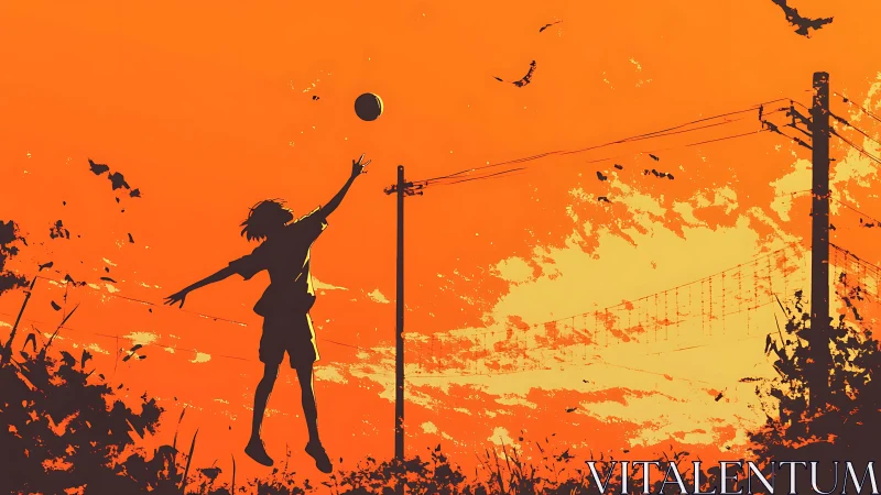 Sunlit leap beneath power lines at blazing orange dusk.