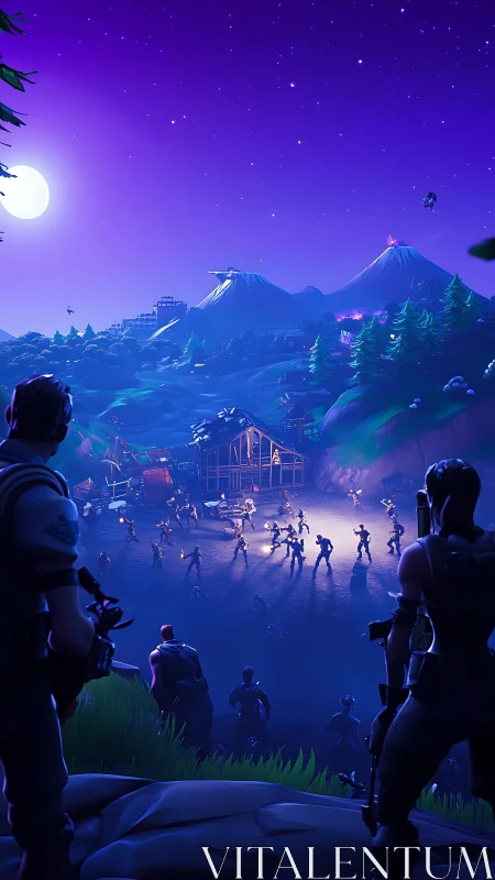 Nighttime digital battle scene with armed figures and terrain.