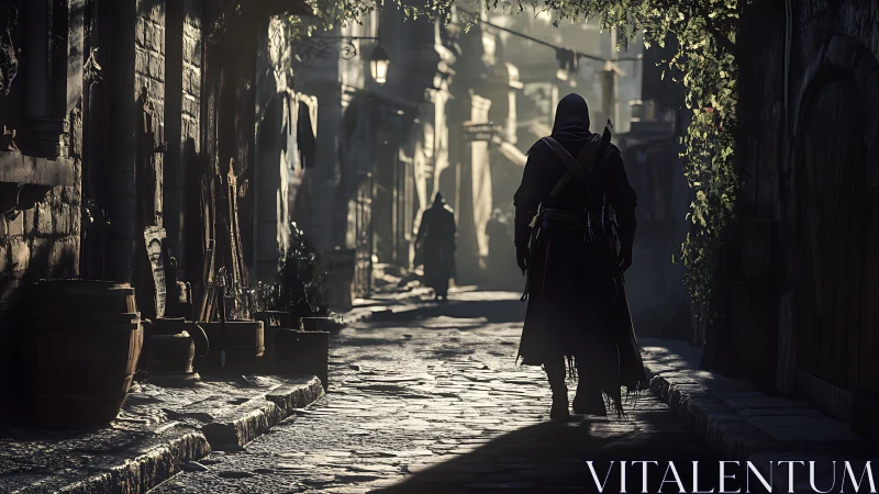 Hooded figure walks down narrow cobblestone alleyway at dusk