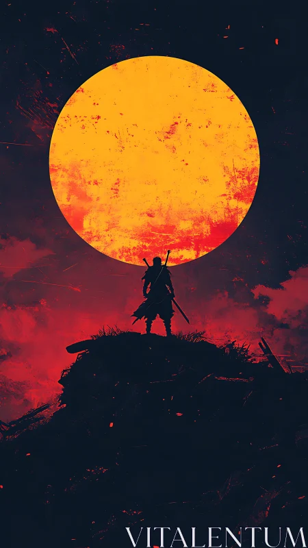 Lone warrior stands bold beneath a blazing crimson sun