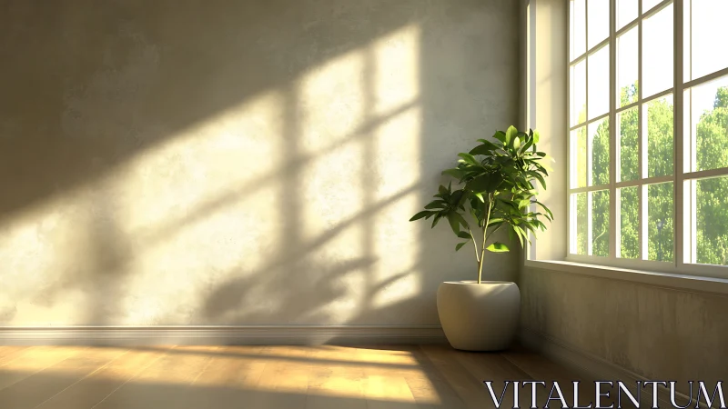 Indoor potted plant in sunlight near large window wall.