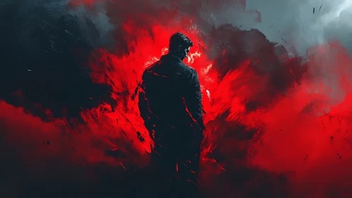 Solitary male silhouette stands amid diffuse red explosion