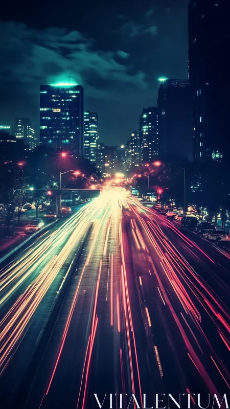 Neon traffic trails cut through dense nocturnal cityscape